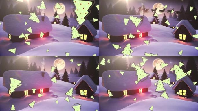 多个圣诞树图标在夜空中落在月亮的冬季景观上