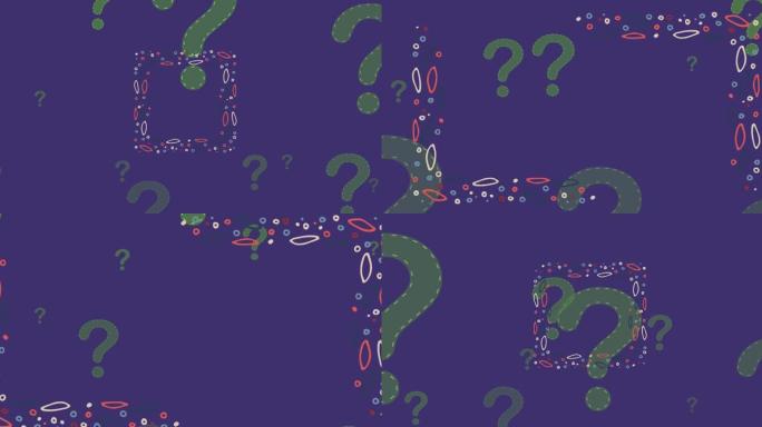 紫色背景上上升的绿色问号和彩色图案框架的动画