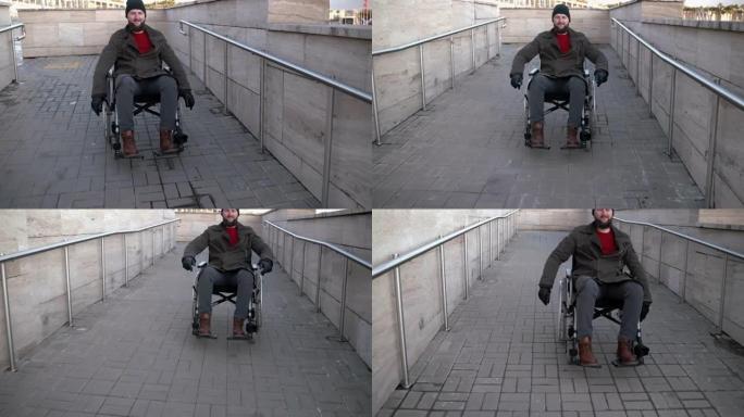 一个快乐的残疾人从轮椅斜坡上下来