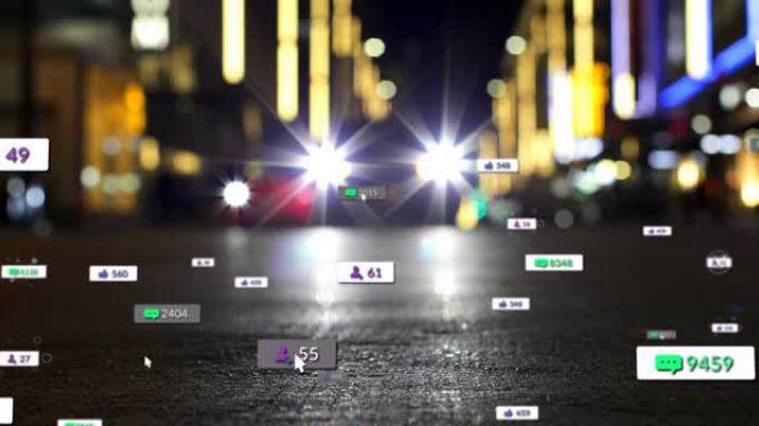 社交媒体图标和数字在焦点城市和交通信号灯上的动画