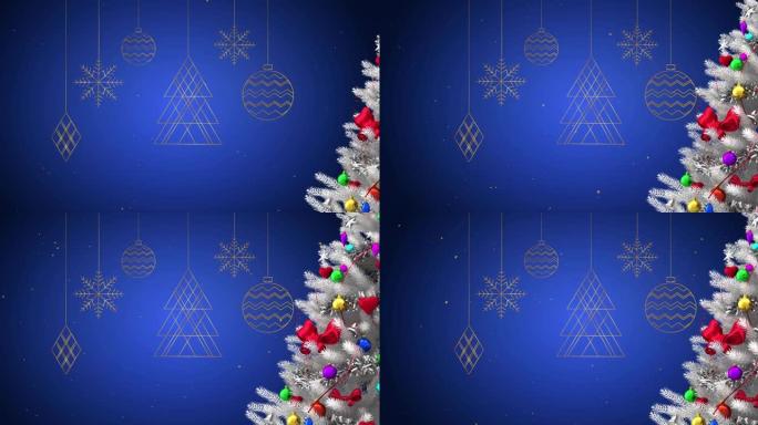 圣诞树的动画，装饰在小玩意上，雪落在蓝色背景上