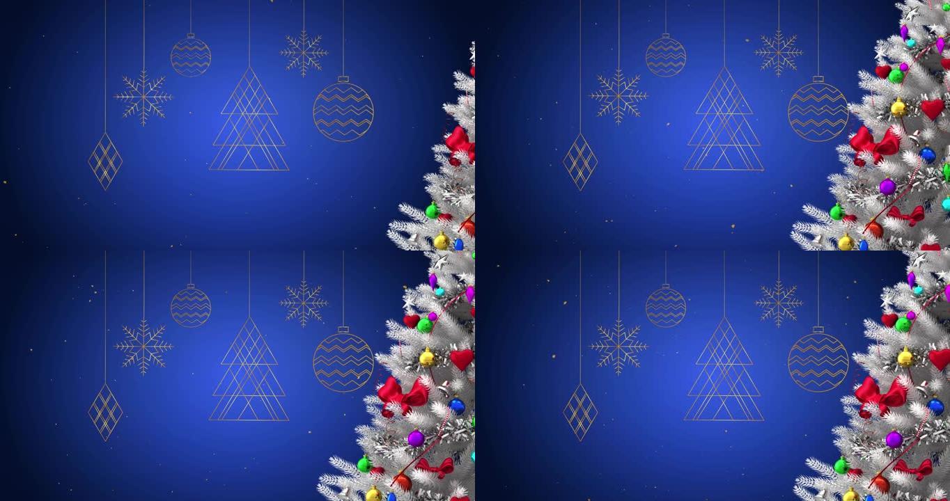 圣诞树的动画，装饰在小玩意上，雪落在蓝色背景上