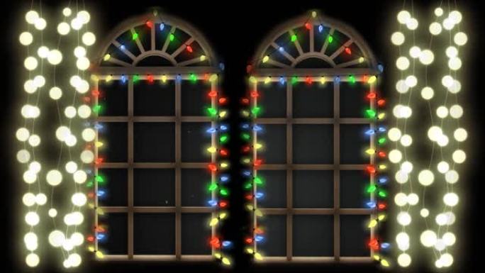 夜空中带有彩色圣诞灯和烟花的窗户动画