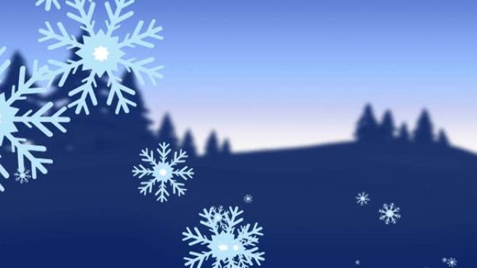 圣诞节时在剪影的树木和风景上飘落的雪花的动画