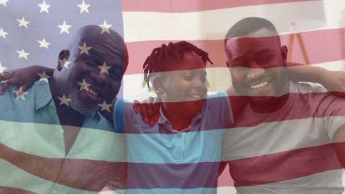 快乐的非裔美国人家庭拥抱美国国旗的动画