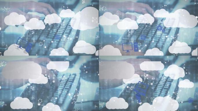 使用计算机键盘在人身上使用数字图标的云动画