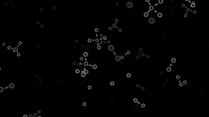 摘要由黑色背景上的苯环组成的化学式，无缝环。动画。带有出现和飞行公式的科学模式。