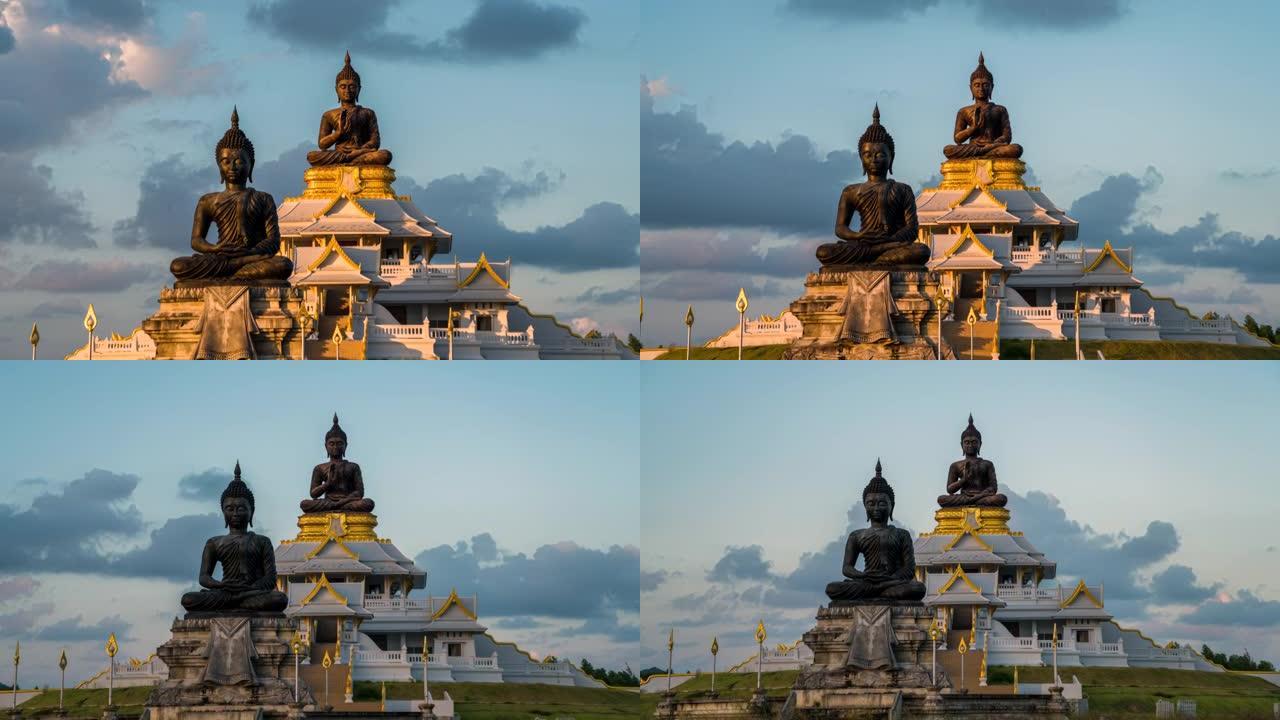 泰国宋卡府Phutthamonthon区Bhudda雕像的延时日落风景移动云