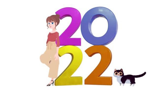 2022新年快乐猫概念。2022庆祝与宠物主人女人隔离在白色背景