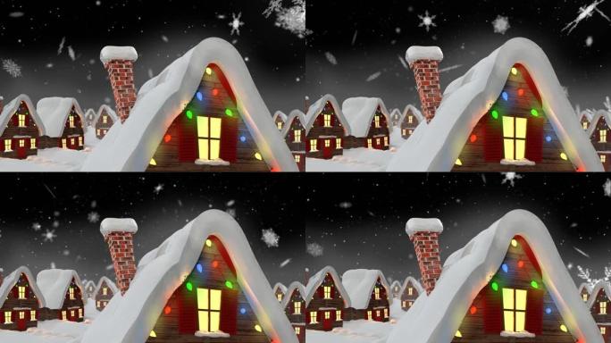 黑色背景上装饰房屋的冬季风景动画