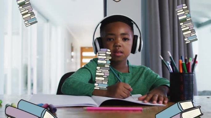 非裔美国男孩在家学习的学校物品动画