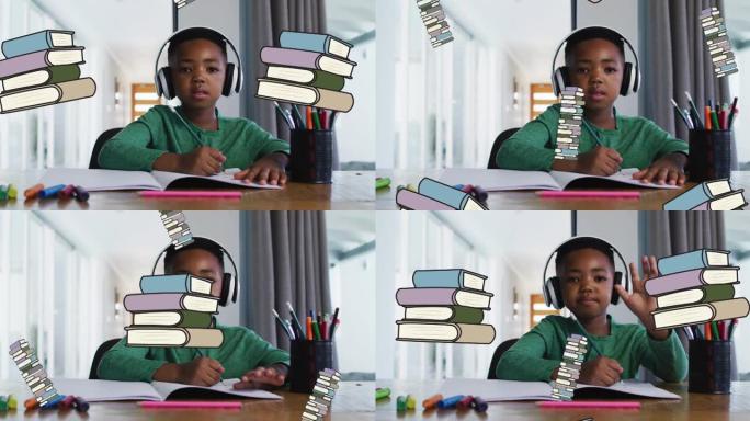 非裔美国男孩在家学习的学校物品动画
