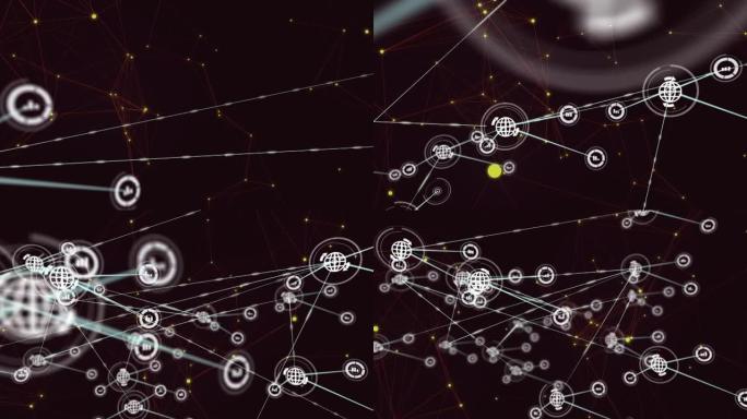 黄色斑点上带有数字图标的连接网络动画