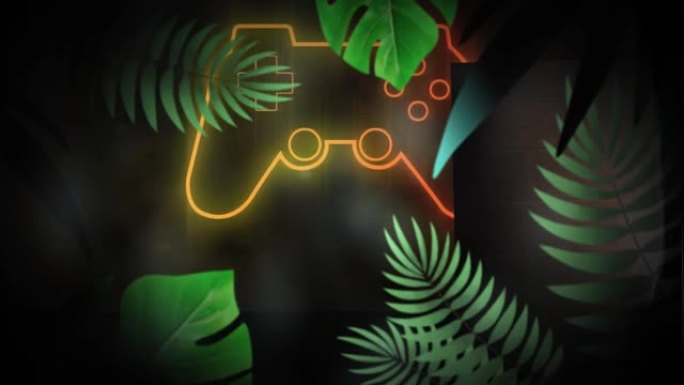 黑色背景上游戏手柄上的绿色植物动画