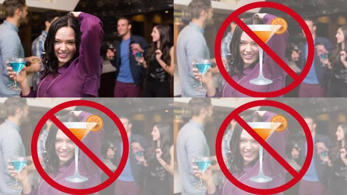 红色禁止标志的动画在鸡尾酒和微笑的白人妇女拿着酒在酒吧