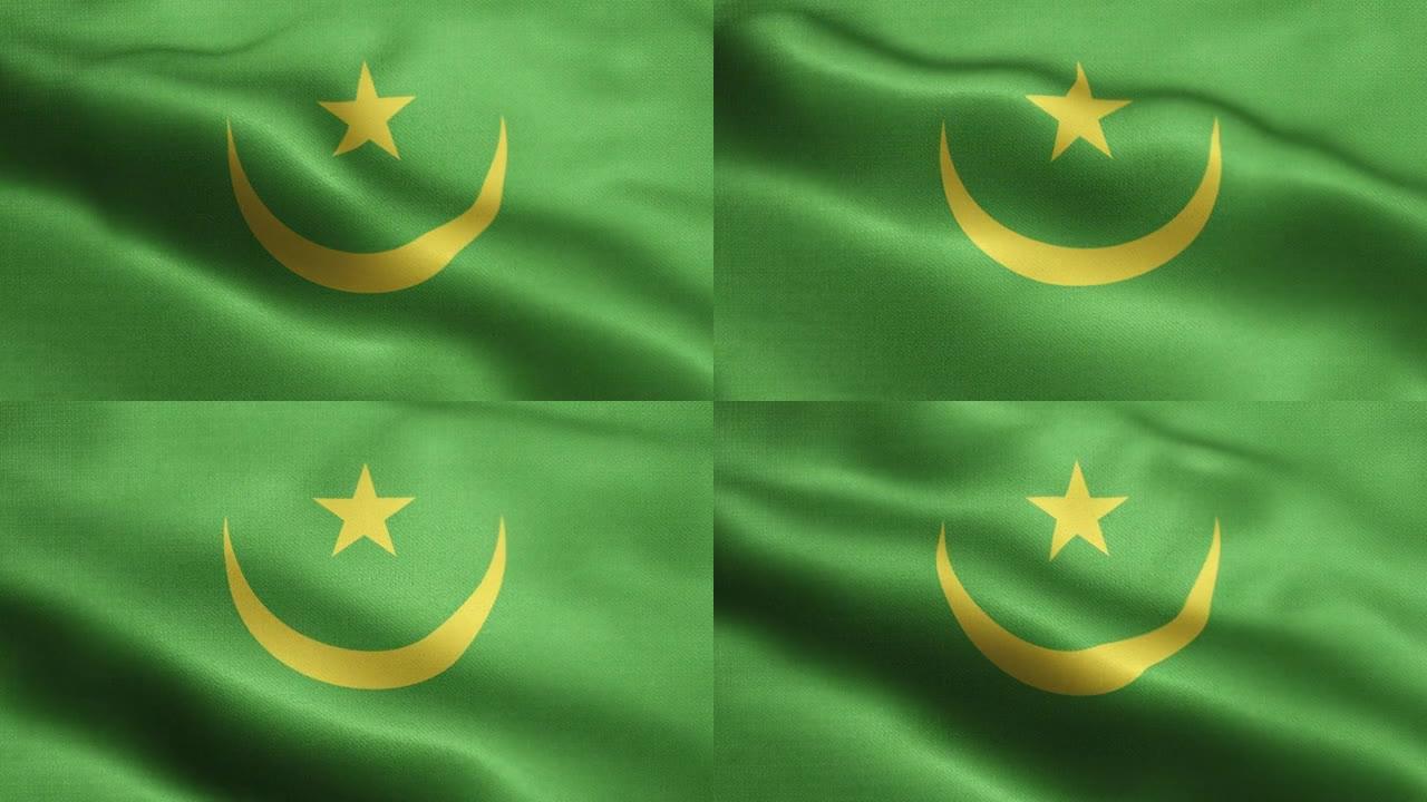 毛里塔尼亚国旗动画股票视频-毛里塔尼亚国旗挥舞在循环和纹理3d渲染的背景-高度详细的织物图案和可循环