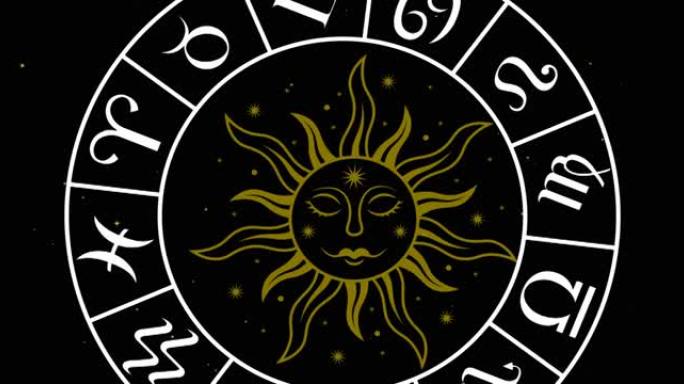 金色太阳和十二生肖轮在黑色背景上旋转的动画