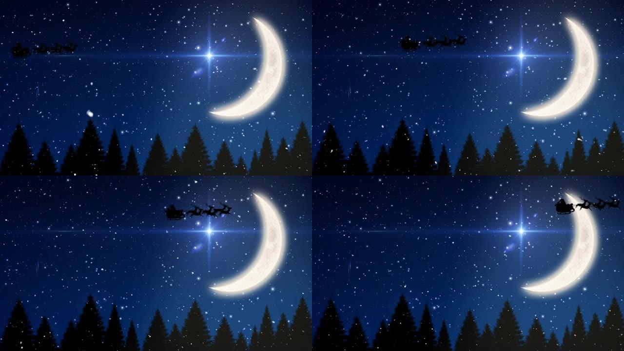 雪落在雪橇上的圣诞老人上的动画与驯鹿，月亮和发光的星星