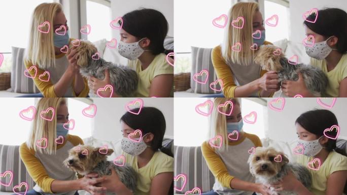高加索妇女和她的女儿戴着口罩与宠物狗玩耍的心脏动画