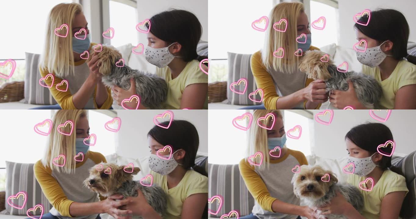 高加索妇女和她的女儿戴着口罩与宠物狗玩耍的心脏动画