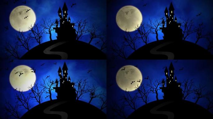 夜景与苍蝇蝙蝠和巫婆城堡与月亮