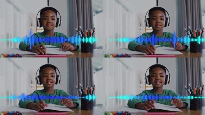 非裔美国男孩在灯光小径上戴着耳机的动画