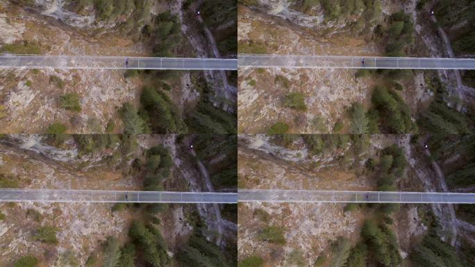 女孩在瑞士穿越一条山沟的人行天桥
