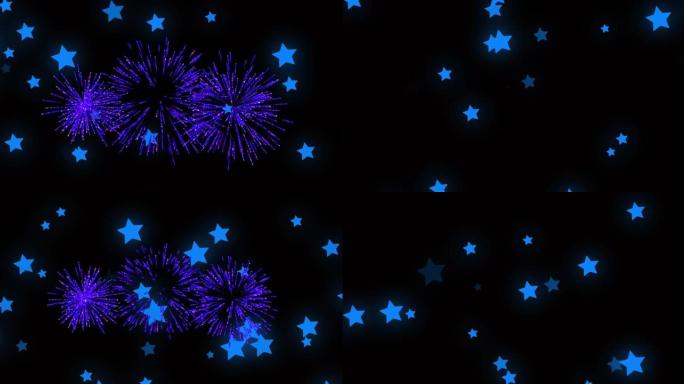 黑色背景上带有圣诞节和新年烟花的蓝色星星动画