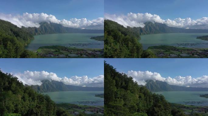 晴天巴厘岛著名火山口湖海岸线小镇区域空中全景4k印度尼西亚