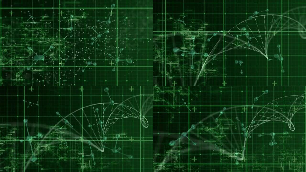 处理绿色数据时形成螺旋的原子结构和粒子的动画