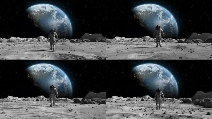 穿着太空服的勇敢宇航员自信地在月球上走向地球。覆盖着岩石。月球表面的第一位宇航员。人类的重要时刻。先