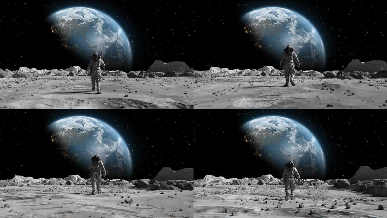 穿着太空服的勇敢宇航员自信地在月球上走向地球。覆盖着岩石。月球表面的第一位宇航员。人类的重要时刻。先