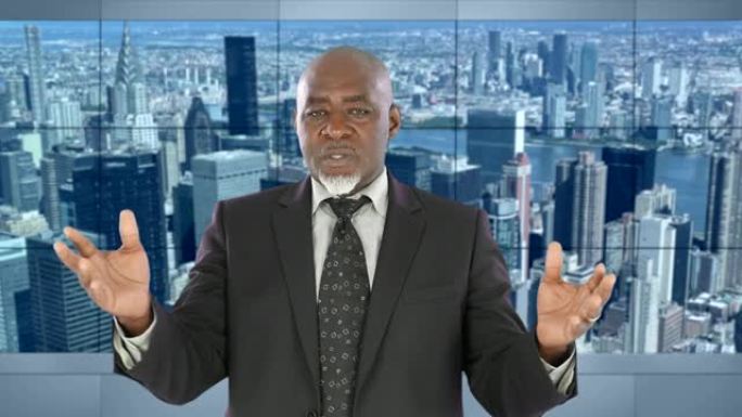 4k视频: 非洲男性新闻播音员在电视演播室阅读突发新闻-纽约