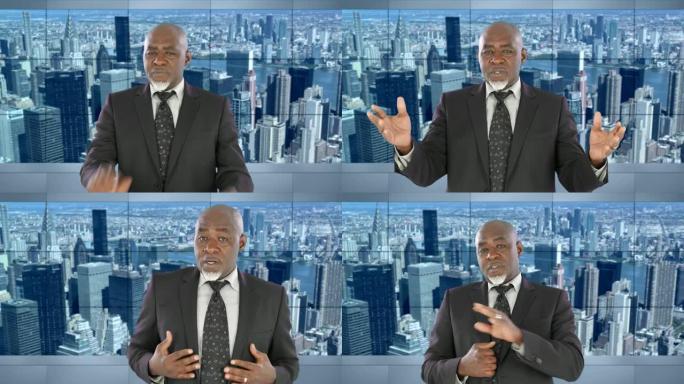 4k视频: 非洲男性新闻播音员在电视演播室阅读突发新闻-纽约