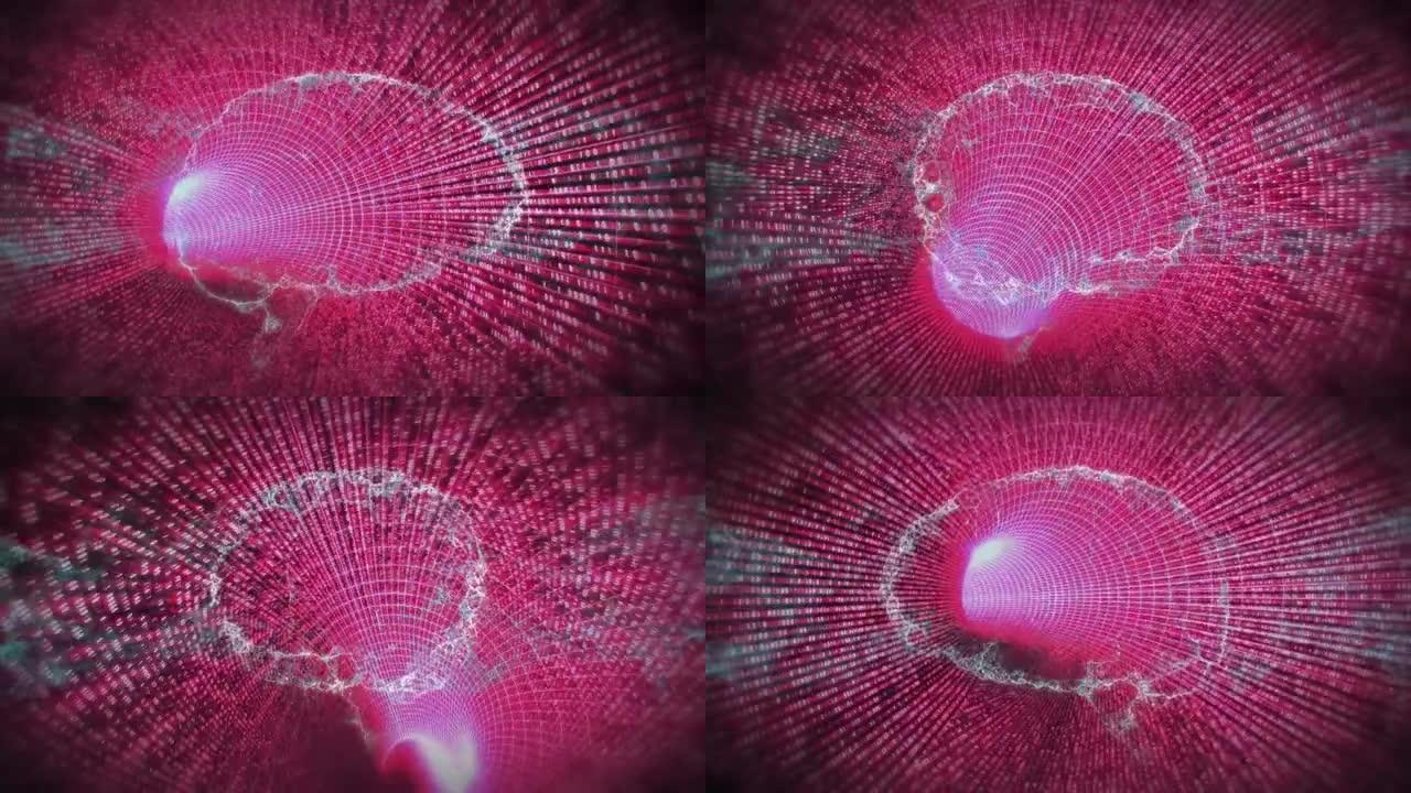粉红色数字隧道上的人脑动画