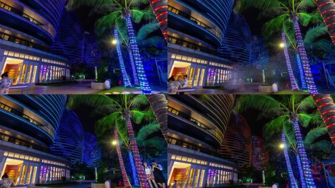 夜间照明三亚著名酒店综合入口全景4k延时中国海南岛