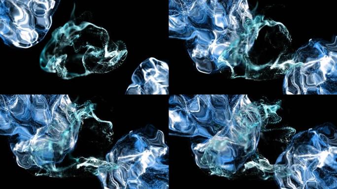 黑色背景上移动的白色和蓝色粒子和液体的动画