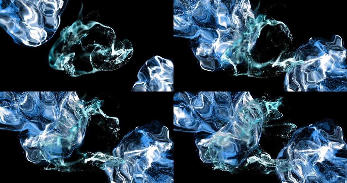 黑色背景上移动的白色和蓝色粒子和液体的动画