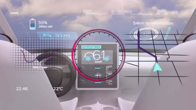 自动驾驶汽车内饰上的速度计、全球定位系统和状态数据接口的动画