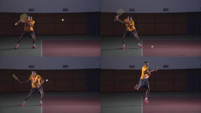 网球投篮。有力的正手。慢动作240 fps。专业照明。