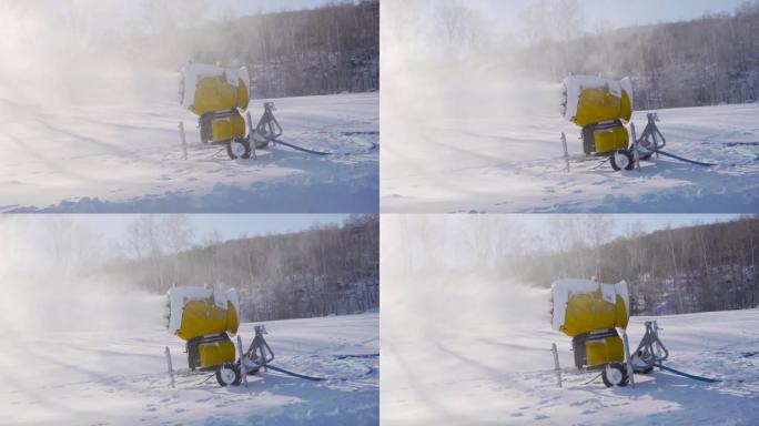 周日冬季滑雪胜地的雪炮。雪机在森林、蓝天下生产人造雪。涡轮在冷空气中喷水。山地主动运动中滑雪道的准备