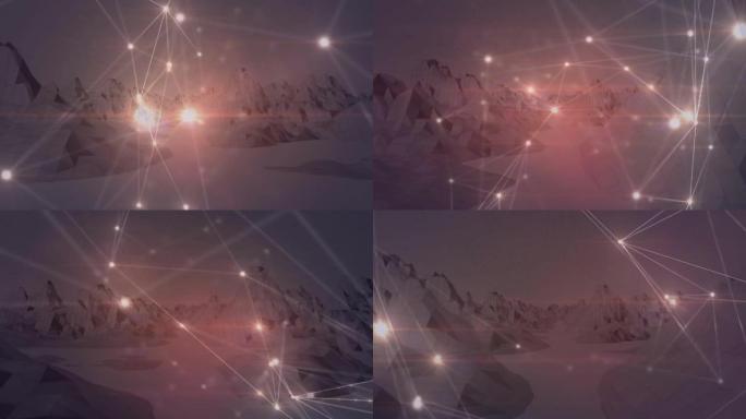 旋转的山脉上的发光点连接网络的动画