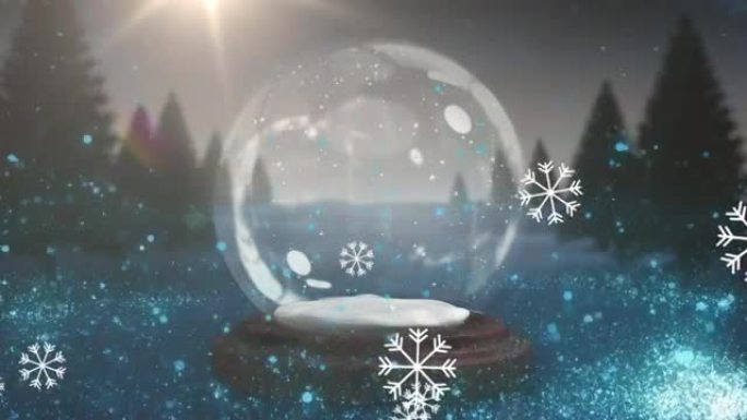 雪花落在圣诞树周围的流星雨在一个雪花球在冬季景观