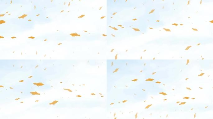 橙色的鸟羽毛在多云的蓝色天空上飘落的动画