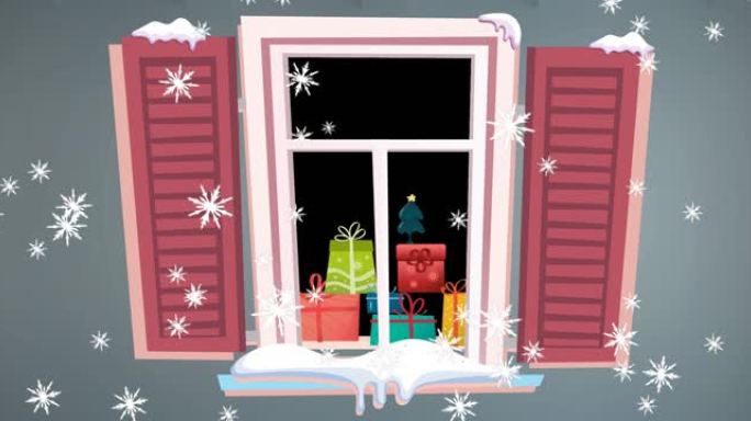 透过窗户看到的圣诞节礼物上的积雪动画