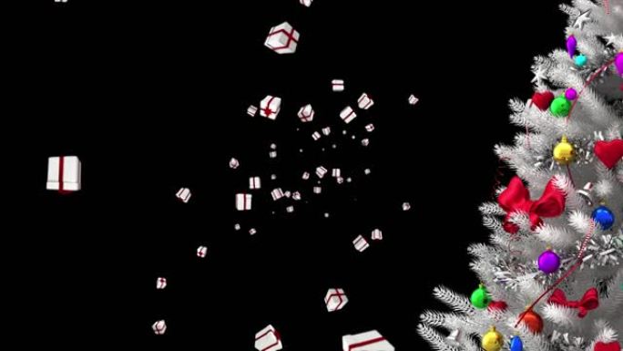 白色圣诞树和多个圣诞礼物图标漂浮在黑色背景下