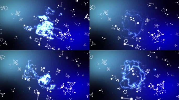 蓝色背景上白色分子结构上发光蓝色电流的动画