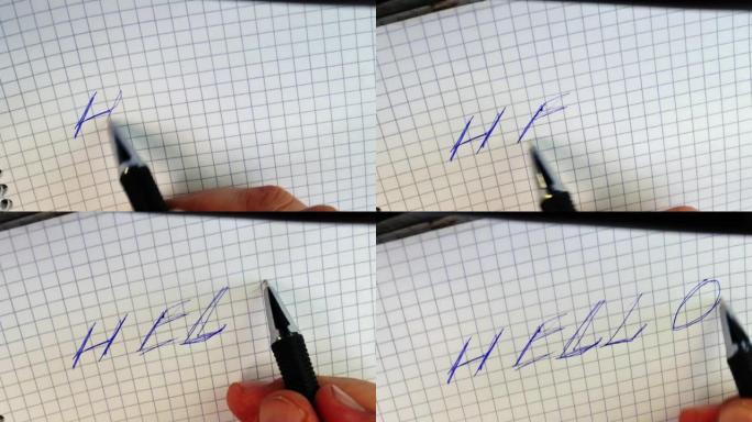 用圆珠笔在方形记事本上的纸上写下 “你好”。