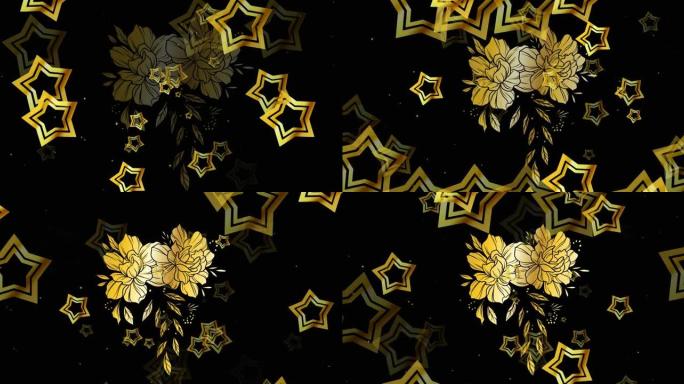 黑色背景上的雪花上的花朵嘴唇和金色星星的动画