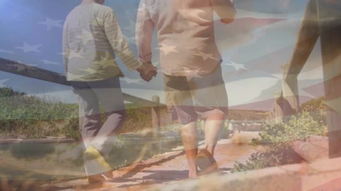 老年白人夫妇在美国国旗的海滩上手牵手的动画